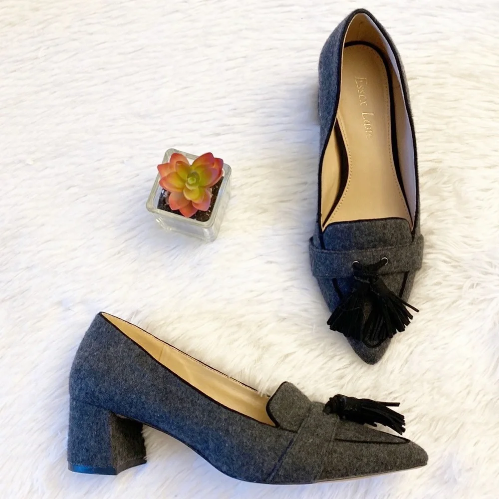 ESSEX LANE | Grey Wool Tassel Heeled Loafers women size 6
